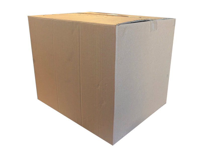 A plain brown corrugated cardboard box shown at an angle on a clean white background.