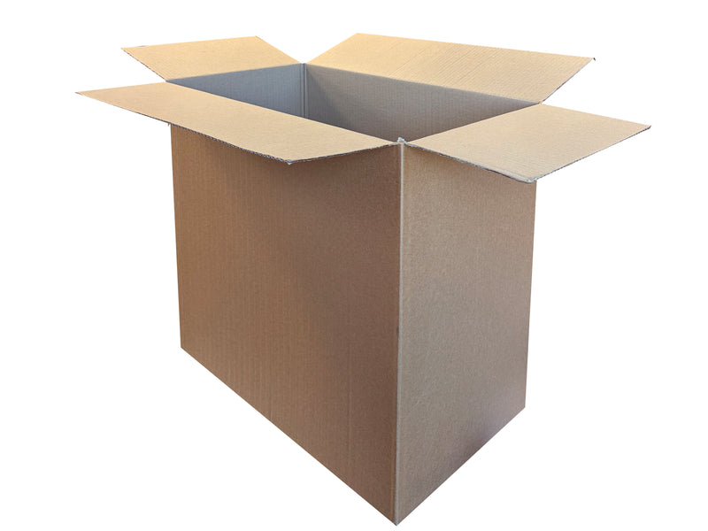 A 500mm x 285mm x 445mm cardboard box with it's top flaps opened