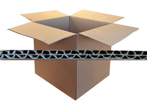 An open brown cardboard box with a horizontal strip showing the cross-section of a corrugated cardboard panel, isolated on a white background.