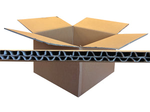 An open brown corrugated cardboard box with a close-up horizontal cross-section showing the blue and black wavy paperboard wall structure, isolated on a white background.