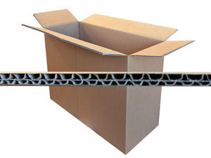 A brown corrugated cardboard box with its flaps open, shown on a white background with a horizontal cross-section view of the cardboard wall displaying its wavy honeycomb structure.