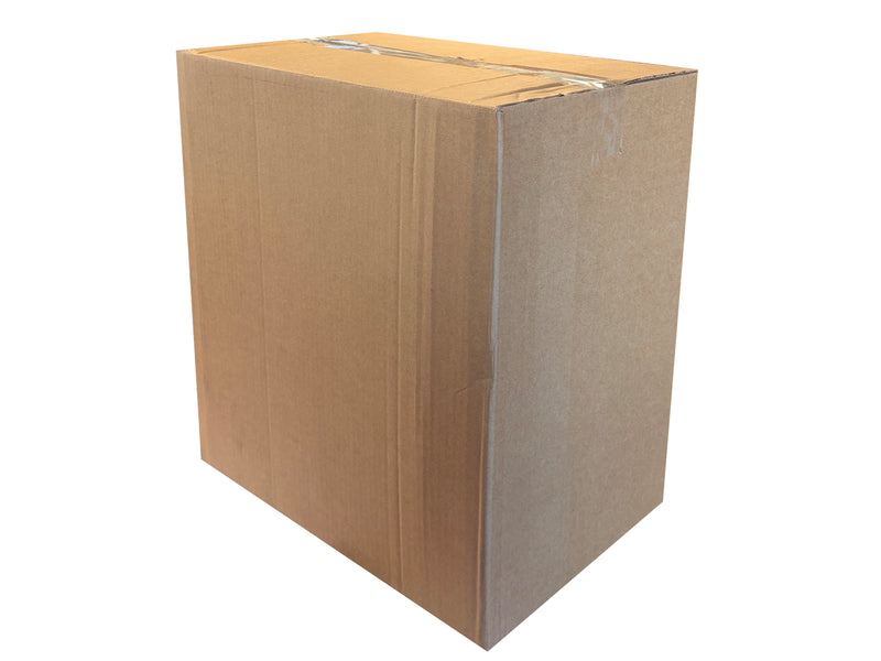 A plain brown corrugated cardboard box sealed with clear tape, shown on a white background.