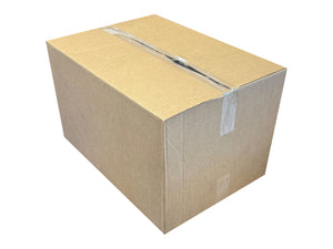 A standard brown corrugated cardboard box sealed with clear tape, shown on a plain white background.