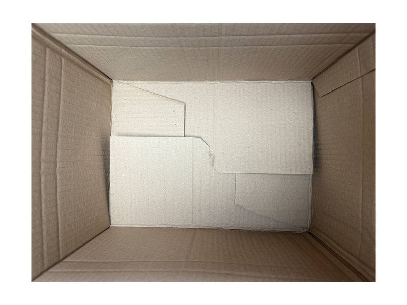 Top-down view of an open brown cardboard box containing extra creases for packing smaller parcels