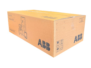 A large brown cardboard shipping box with blue ABB logos printed on the sides, photographed on a plain white background.