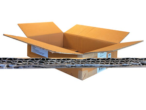An open brown cardboard shipping box shown on a white background, with a close-up horizontal strip across the lower middle showing the corrugated cardboard wall structure.