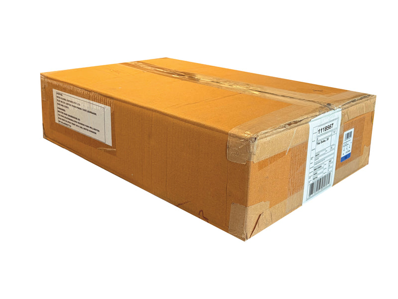 A sealed brown cardboard shipping box with tape and shipping labels, photographed on a plain white background.