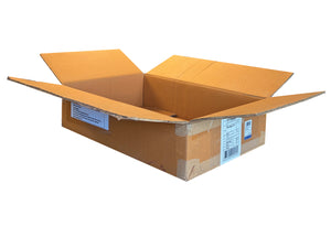 A used cardboard box with labels attached, measuring 560mm x 385mm x 130mm