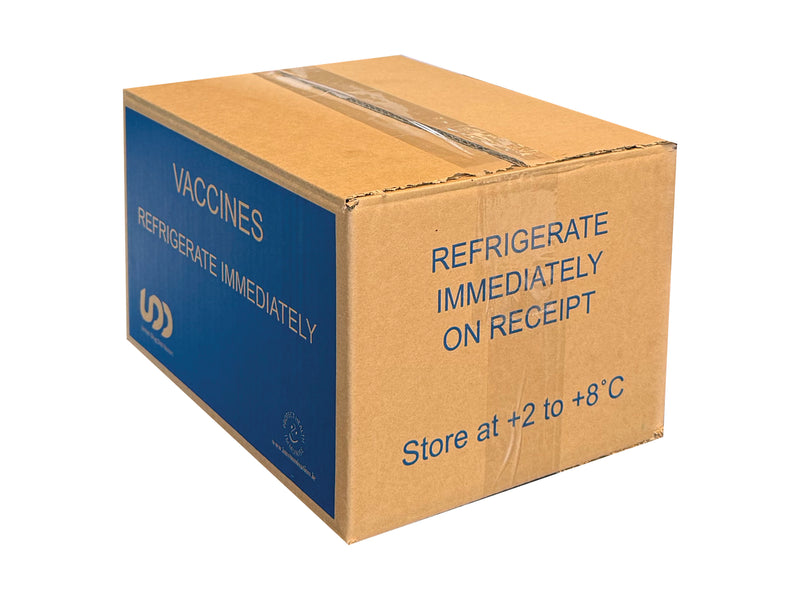 A brown cardboard box with blue printed text reading 'VACCINES', 'REFRIGERATE IMMEDIATELY ON RECEIPT', and 'Store at +2 to +8°C'. 