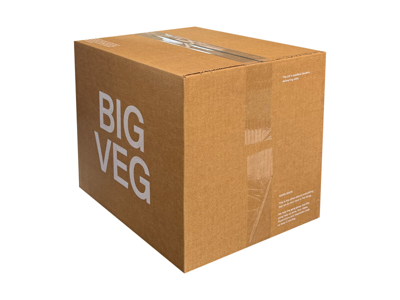 A brown cardboard shipping box with the words 'BIG VEG' printed in large white letters on one side, sealed with clear tape on a white background.