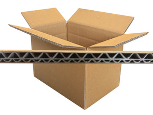 An open brown corrugated cardboard box with flaps raised, shown on a white background with a close-up horizontal strip of the cardboard wall in front.