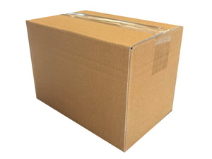 A standard brown corrugated cardboard box sealed with clear tape on a plain white background.