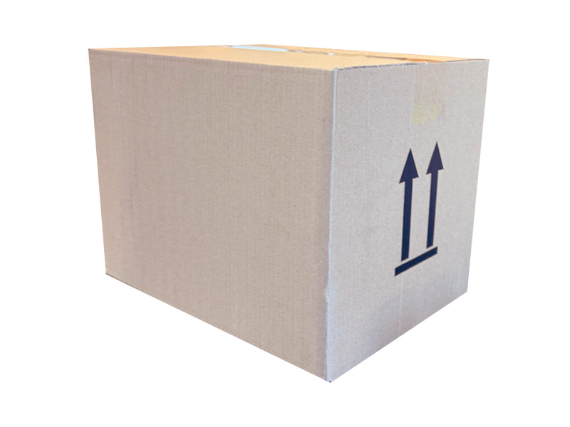 A standard brown corrugated cardboard box with a black double-arrow 'upright' symbol printed on the side, isolated on a white background.