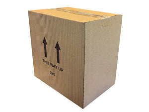 A 2x5 brown corrugated cardboard box with black printed arrows and the text 'THIS WAY UP' on the front, sealed with clear tape on a white background.