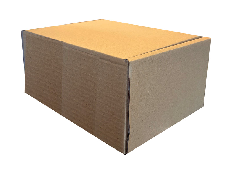 A standard brown corrugated cardboard box shown from a three-quarters perspective on a solid white background.