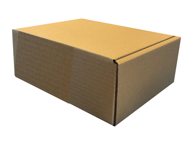 A standard brown corrugated cardboard box sealed with tape, shown at a three-quarter angle on a plain white background.