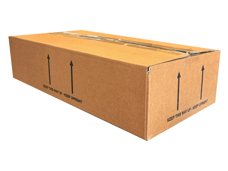A standard brown corrugated cardboard box with black printed arrows and handling text, sealed with clear tape, shown on a plain white background.