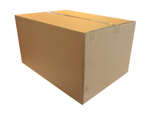A plain brown cardboard shipping box sealed with clear tape, shown at an angle on a white background.