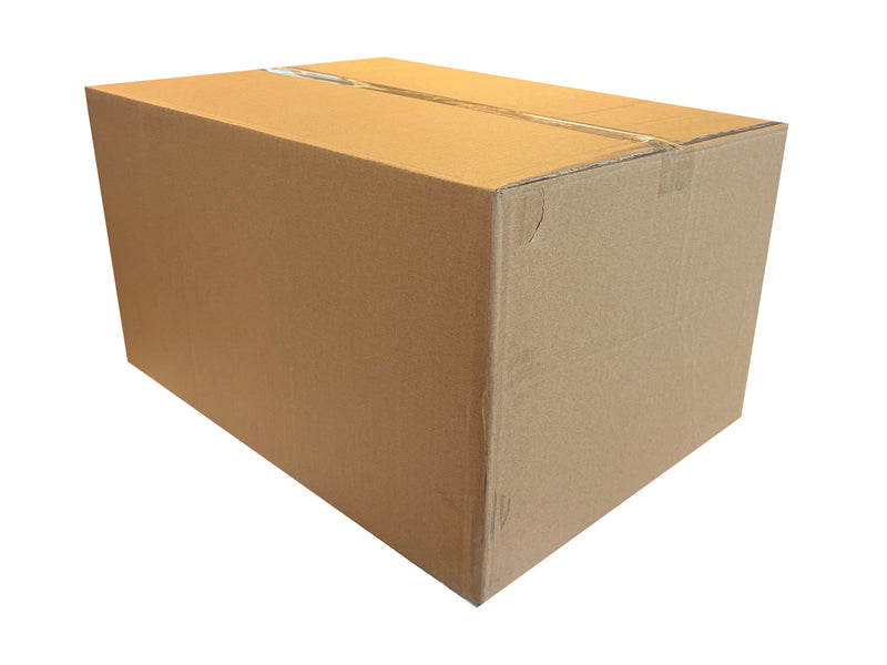 A plain brown cardboard shipping box sealed with clear tape, shown at an angle on a white background.