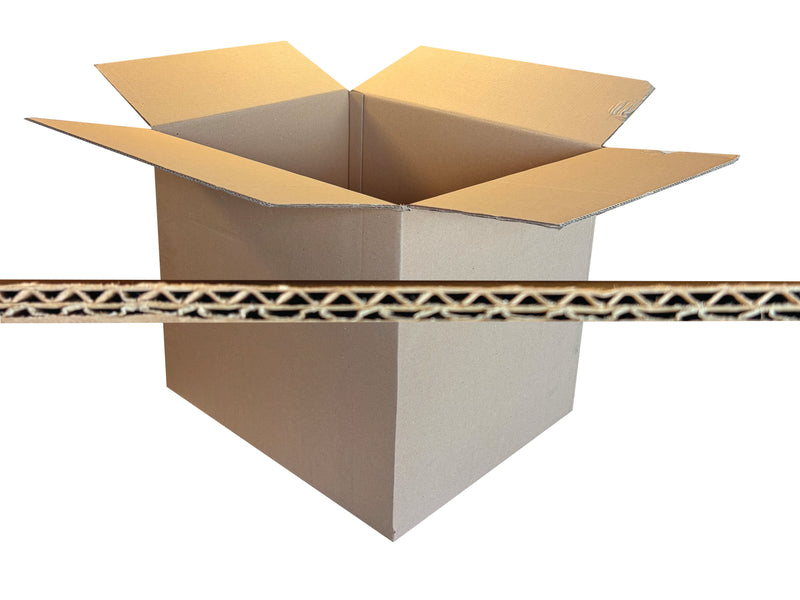 An open brown cardboard shipping box with flaps extended, shown on a white background with a horizontal cutaway view of the corrugated cardboard wall across the middle.