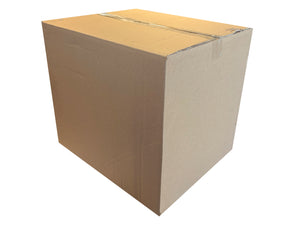 A standard brown cardboard box sealed with clear tape, shown at a three-quarter angle on a plain white background.