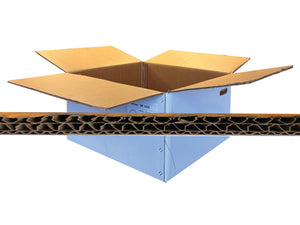An open brown corrugated cardboard box with flaps raised, shown above a close-up horizontal strip of the triple wall cardboard profile on a white background.
