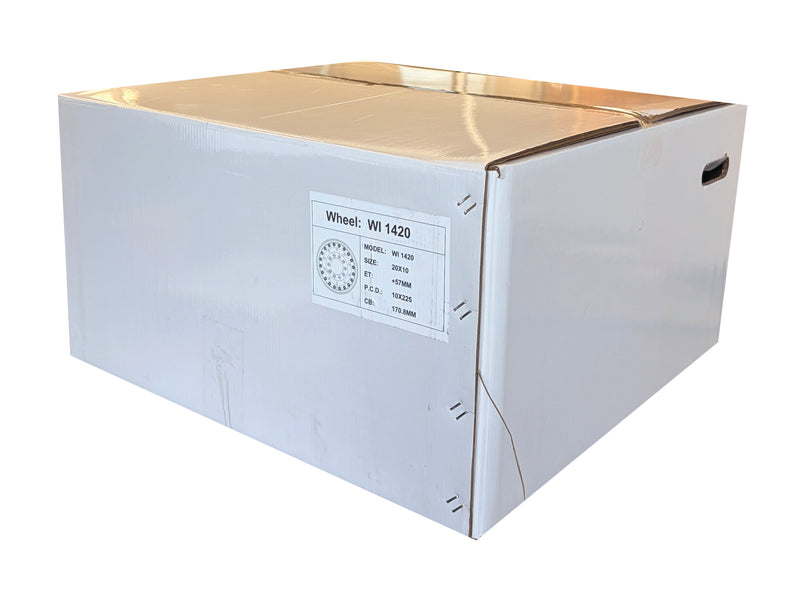 A large white cardboard shipping box with a coated exterior, featuring a white label on the side that reads 'Wheel: WI 1420' with product specifications. The box is photographed on a clean white background.
