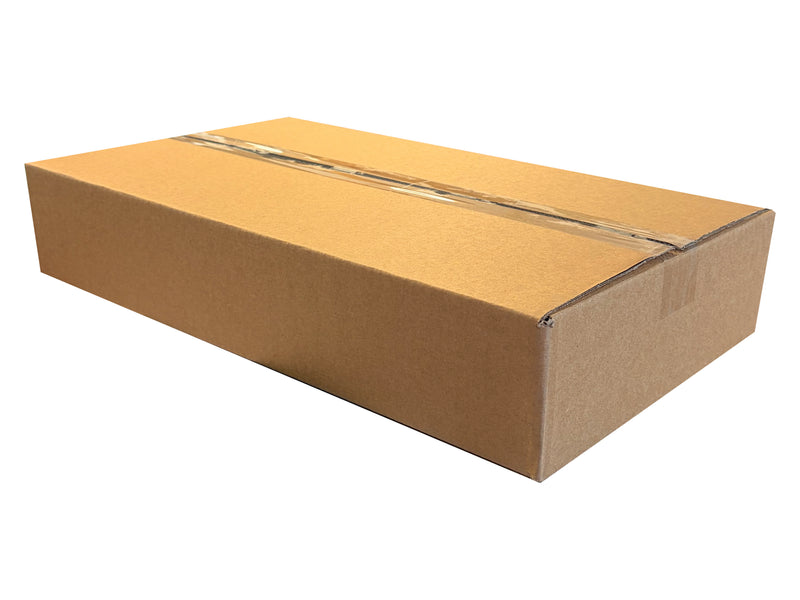 A standard brown cardboard shipping box sealed with clear tape, shown at an angle on a plain white background.
