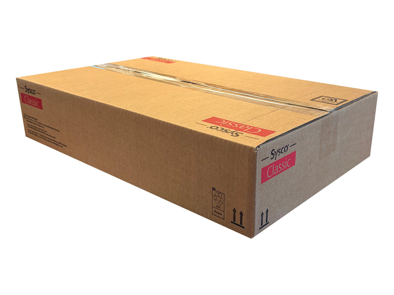 A large brown cardboard shipping box with Sysco branding and a red 'Classic' label, sealed with clear tape, shown on a white background.