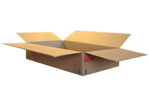 An open brown corrugated cardboard box with flaps extended, shown on a plain white background.