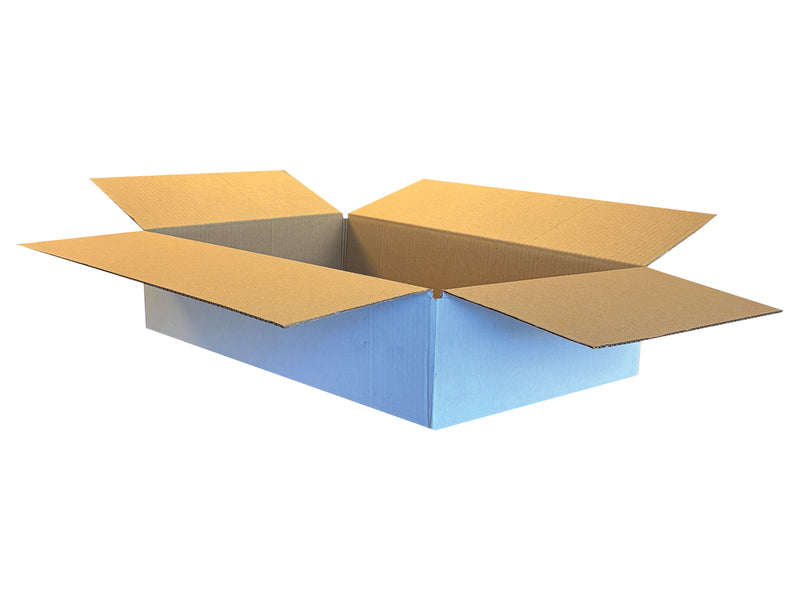 An open cardboard shipping box with brown corrugated flaps and a light blue base, shown on a plain white background.