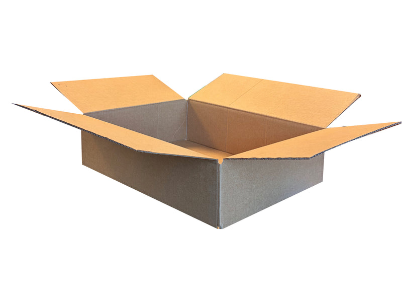 An open brown cardboard shipping box with flaps extended, shown on a plain white background.