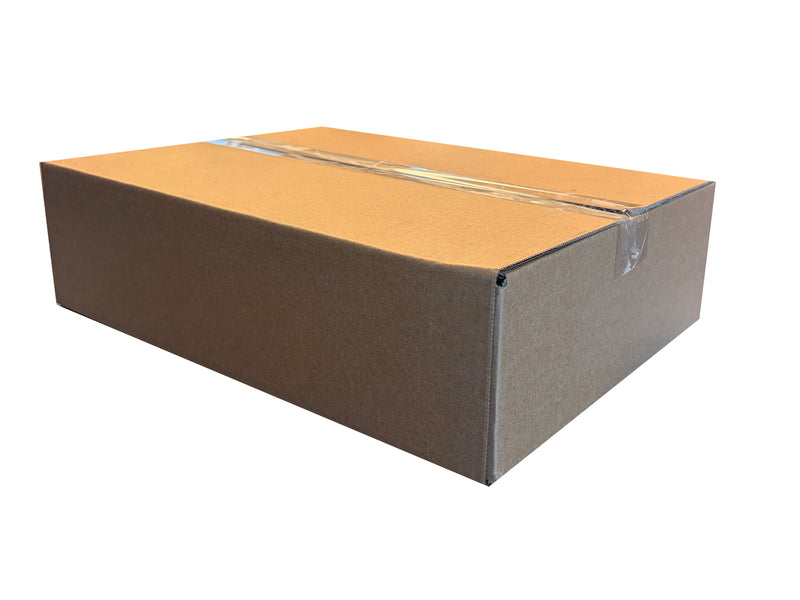 A brown cardboard shipping box sealed with clear tape, shown at an angle on a plain white background.