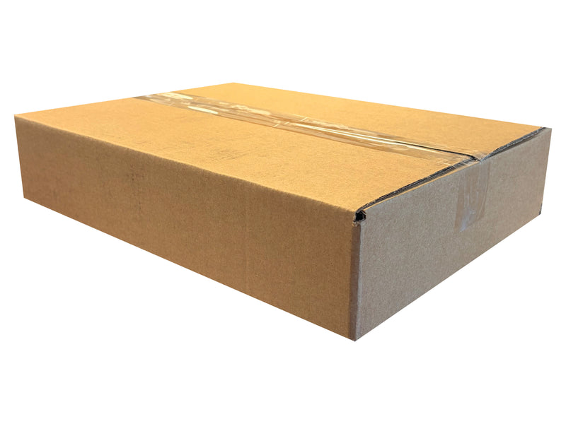 A plain brown cardboard box sealed with clear tape, shown at an angle on a white background.