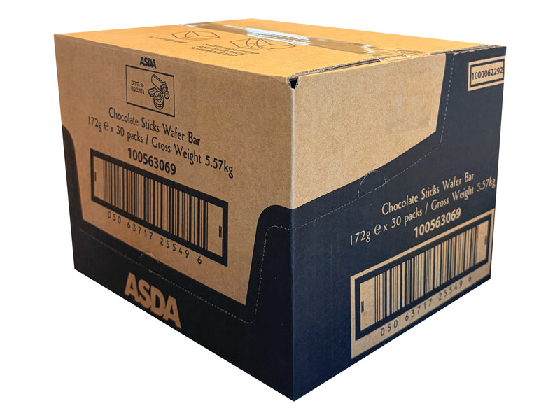 A cardboard box of ASDA Chocolate sticks Wafer Bar, 172g x 30 packs, with a dark navy blue lower section and a brown upper section, featuring a prominent barcode and the ASDA brand name.