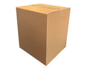 A 427mm x 375mm x 480mm, plain cardboard box, closed with clear tape