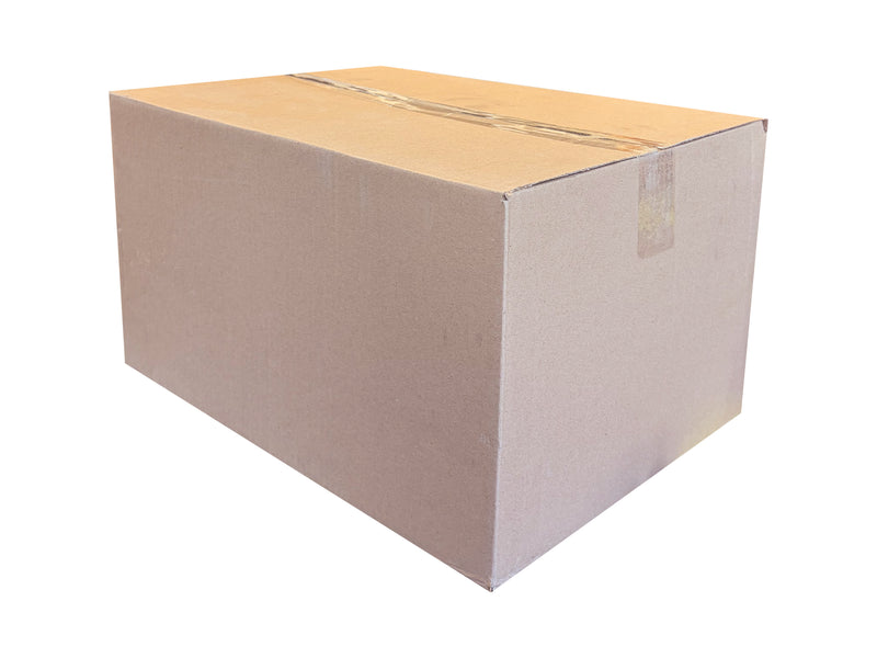 A plain brown cardboard box sealed with clear tape, shown at an angle on a white background.