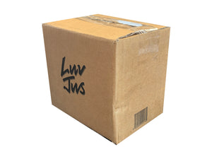 A brown cardboard shipping box with black handwritten text reading 'Luv Jws' on the side, sealed with clear tape on a plain white background.