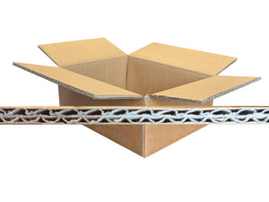 An open brown corrugated cardboard box shown on a white background, with a close-up horizontal strip of the cardboard wall and inner fluting visible across the lower middle.