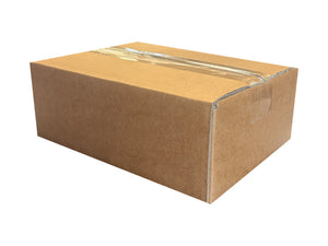 A brown cardboard box sealed with clear tape on a plain white background.