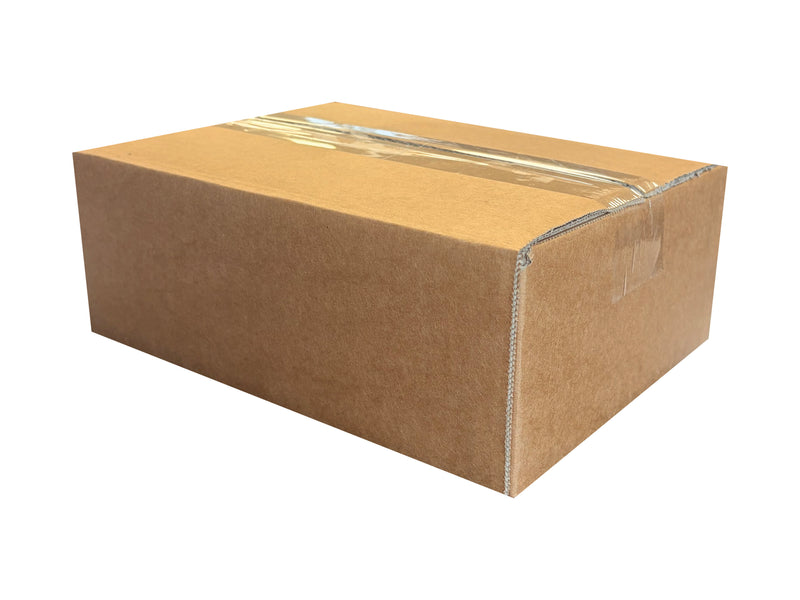 A brown cardboard box sealed with clear tape on a plain white background.