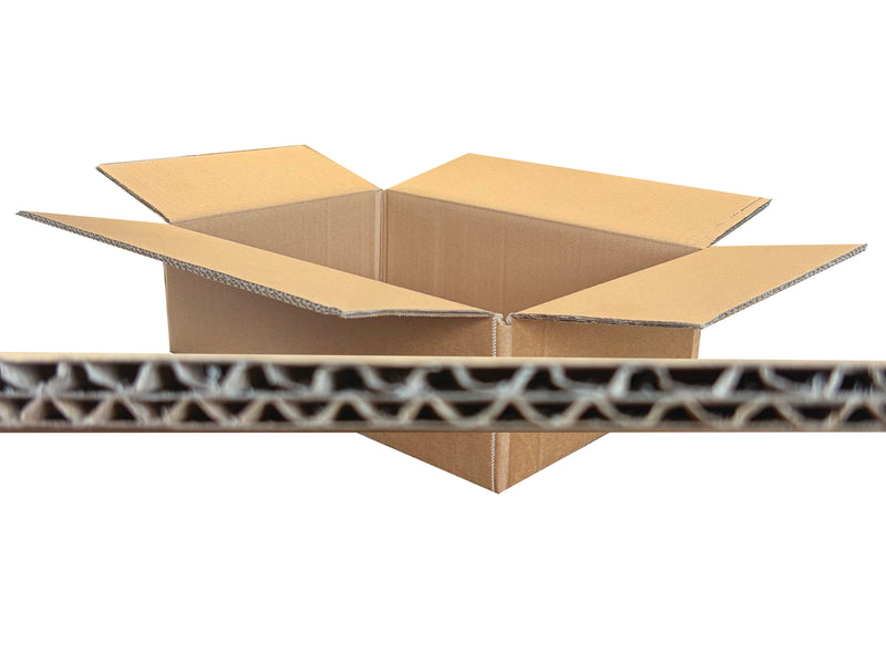 An open brown corrugated cardboard box with flaps open, shown above a close-up horizontal section of the same cardboard material on a white background.