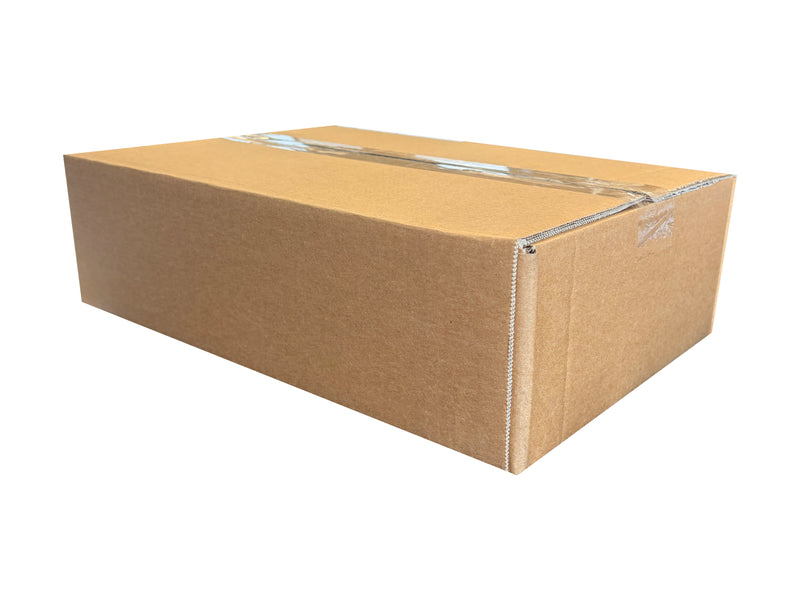A standard brown cardboard shipping box sealed with clear tape, shown on a plain white background.