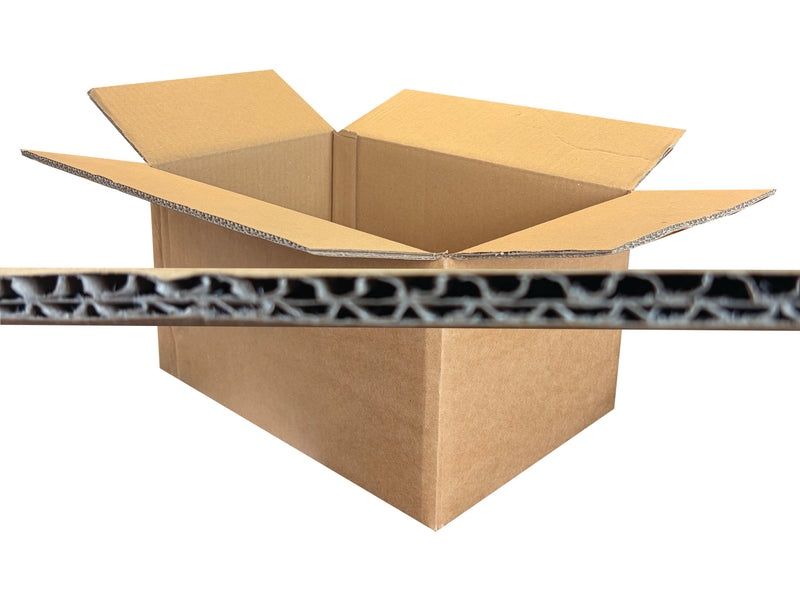 An open brown cardboard shipping box with flaps up, shown on a white background with a horizontal cross-section view of the corrugated cardboard wall in front.