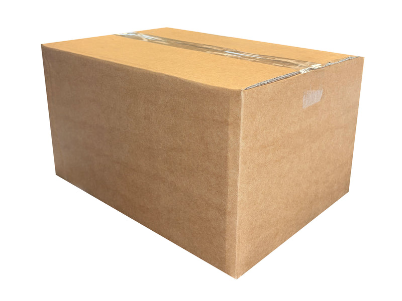 A standard brown cardboard shipping box sealed with clear tape, shown at a three-quarter angle on a plain white background.