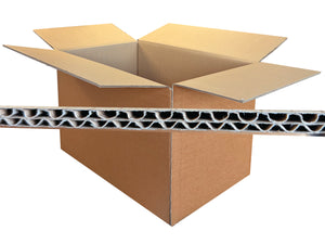 An open brown cardboard box with flaps raised, shown on a white background with a horizontal cross-section view of the corrugated cardboard wall in front.