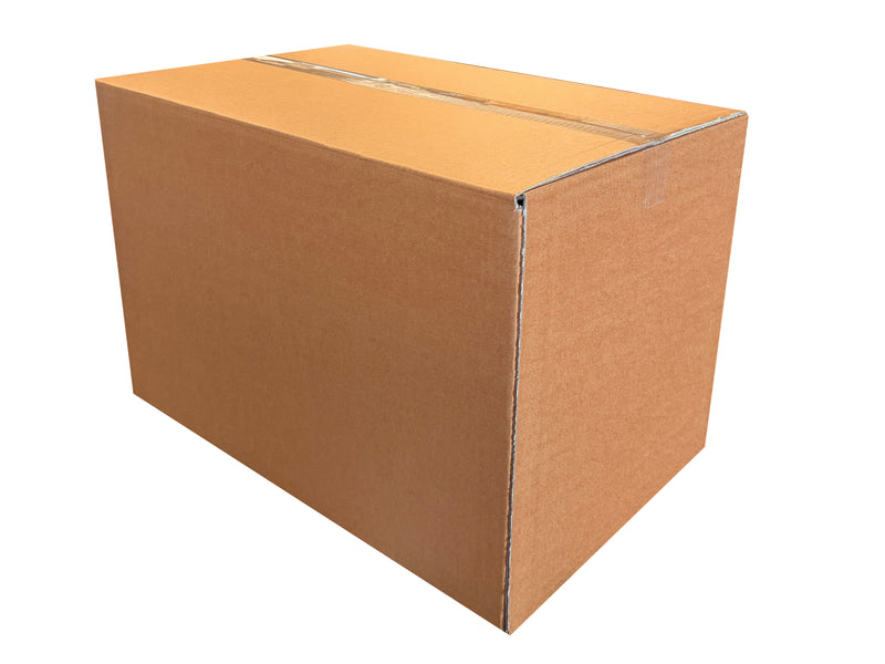 A 580mm x 380mm x 350mm box, sealed with clear tape, on a white backdrop. 