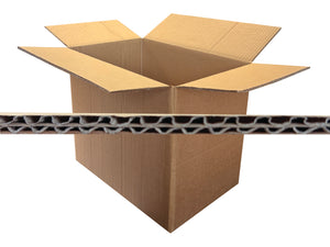 An open brown corrugated cardboard box shown on a white background, with a horizontal close-up strip across the middle showing the inner corrugated wall structure.