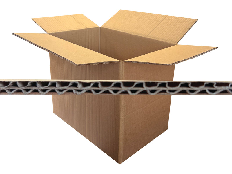 An open brown corrugated cardboard box shown on a white background, with a horizontal close-up strip across the middle showing the inner corrugated wall structure.