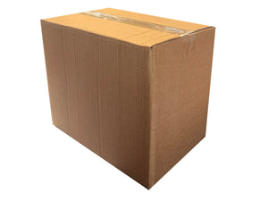 A brown corrugated cardboard box sealed with clear tape on a plain white background.